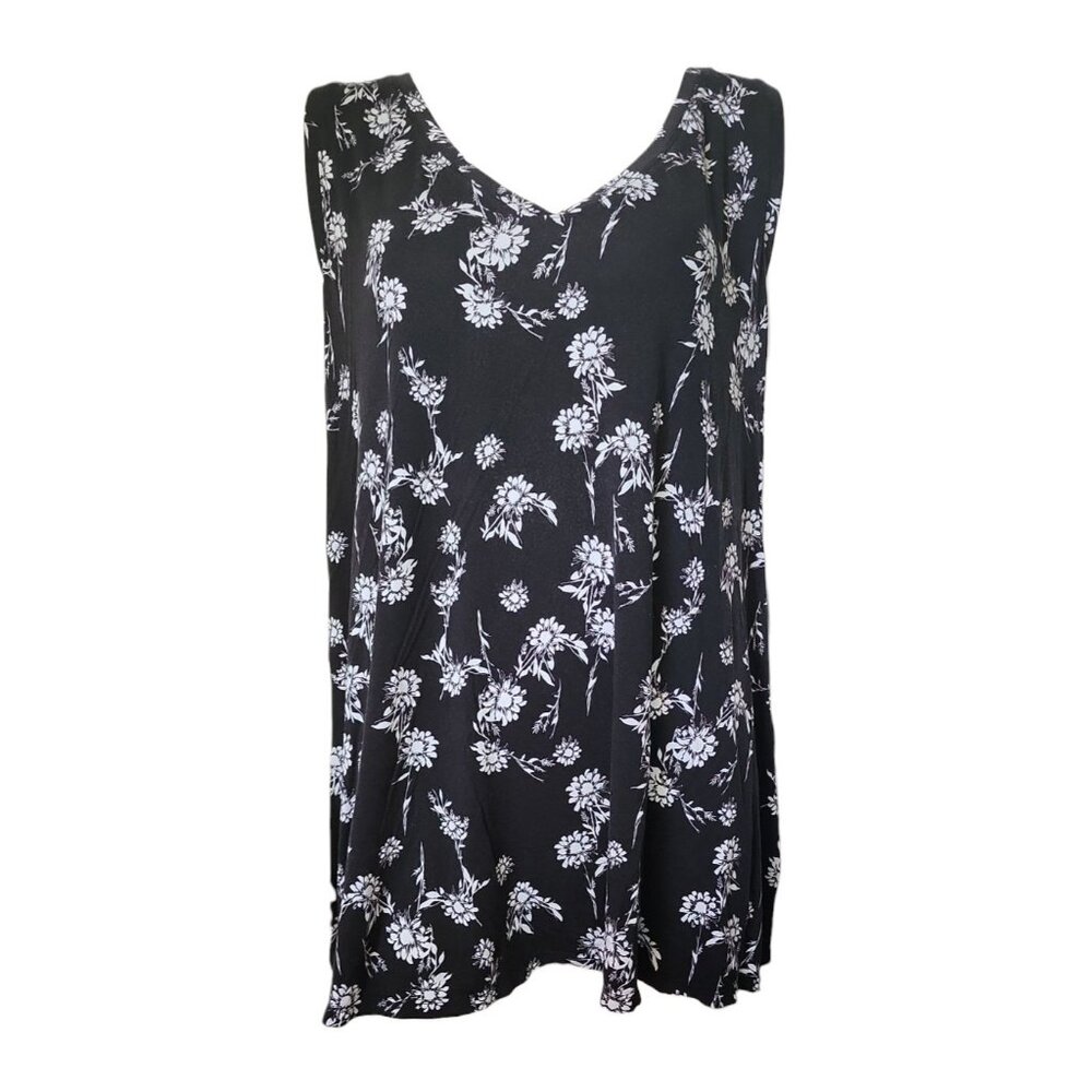 Lane Bryant Tank Top Womens Plus Size 22/24 Black White Floral Sleeveless V Neck